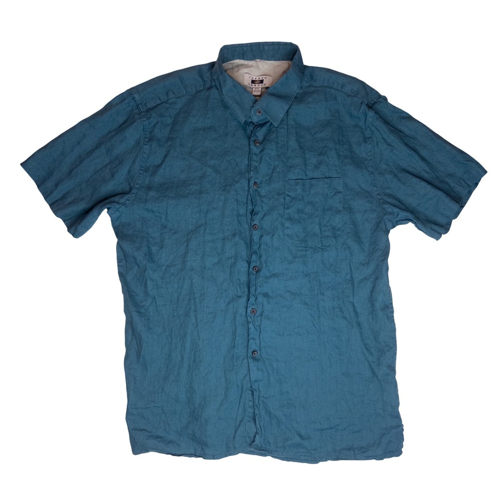 Joseph Abboud Linen Shirt Mens XXL Teal Blue Good Short Sleeve Button Down 0452